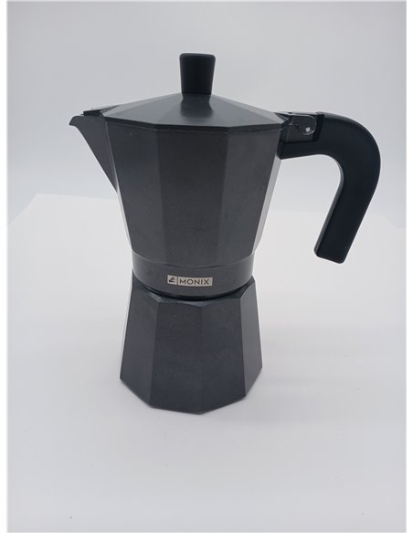 Monix Vitro Noir | Cafetera Italiana de Aluminio 6 Tazas, Apta para Vitrocerámica, Gas y Eléctrica, NO Apta para Inducción, Mang
