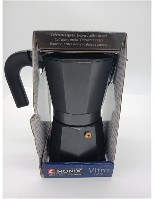 Monix Vitro Noir | Cafetera Italiana de Aluminio 6 Tazas, Apta para Vitrocerámica, Gas y Eléctrica, NO Apta para Inducción, Mang