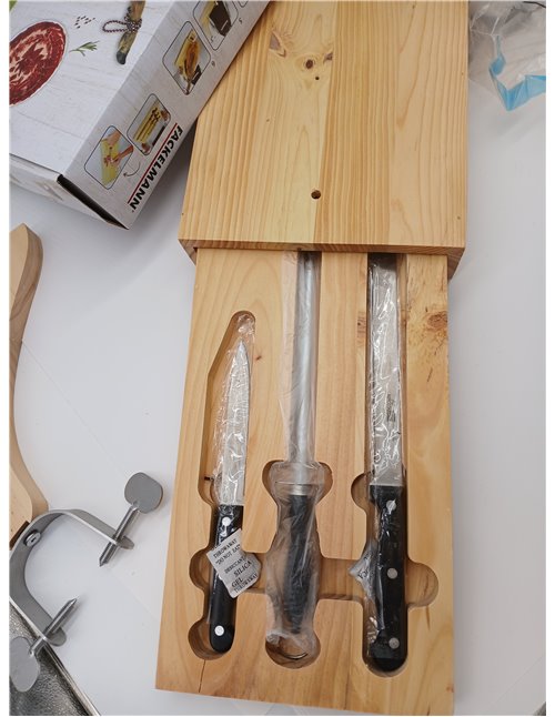 Fackelmann Ham Stand with Removable Drawer with Ham Knife, Chaira and Peeling Knife, Fresh Design, Pine Wood and Stainless Steel