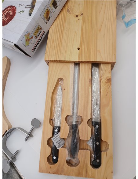 Fackelmann Ham Stand with Removable Drawer with Ham Knife, Chaira and Peeling Knife, Fresh Design, Pine Wood and Stainless Steel