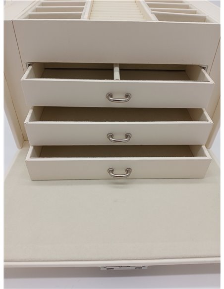 SONGMICS Caja Joyero de 4 Niveles, Caja para Joyas con Asa, 3 Cajones, Espejo, Cerradura, para Viajar, Regalo, Superficie Blanco