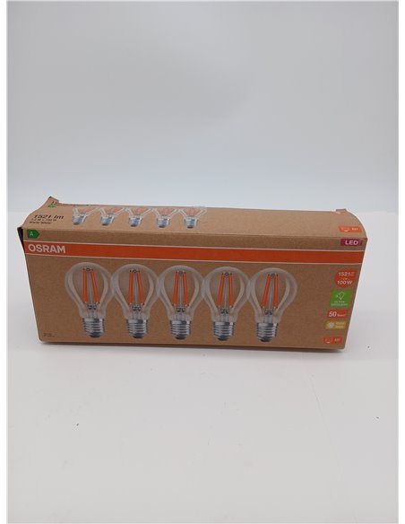 OSRAM High Efficiency LED Lamps with Energy Efficiency Class A, Pack of 5, Replaces 100W, Warm White (2700K), E27, Filament Glas