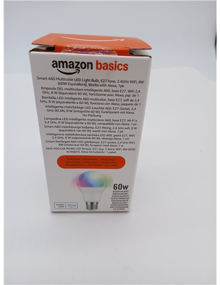 Amazon Basics Smart Bombilla led multicolor, casquillo E27, 8W (equivalente a 60W), funciona solo con Alexa, 1 paquete