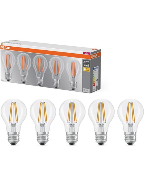 OSRAM LED Filament Lamp Base A60 Bulb Shape 7W 827, 2700K Warm White, E27, Clear, 806 lm, Shock and Vibration Resistant [Energy 