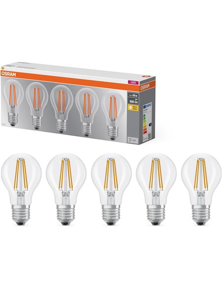 OSRAM LED Filament Lamp Base A60 Bulb Shape 7W 827, 2700K Warm White, E27, Clear, 806 lm, Shock and Vibration Resistant [Energy 