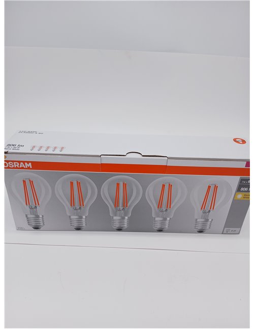 OSRAM LED Filament Lamp Base A60 Bulb Shape 7W 827, 2700K Warm White, E27, Clear, 806 lm, Shock and Vibration Resistant [Energy 