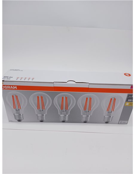 OSRAM LED Filament Lamp Base A60 Bulb Shape 7W 827, 2700K Warm White, E27, Clear, 806 lm, Shock and Vibration Resistant [Energy 