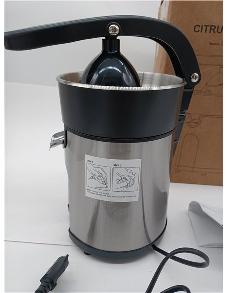 Cozary Electric Orange Squeezer, 2 Cones of Different Size, Stainless Steel Body and Filter, Continuous Pour with Lever, Dishwas