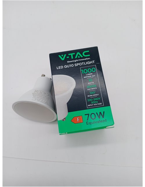 V-TAC Bombilla LED GU10-10W (Equivalente a 70W) - 1000 Lumen - 4000K Blanco Neutro - Apertura del Haz de Luz 100° cubierta satin