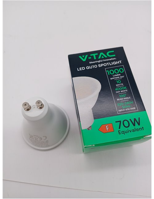 V-TAC Bombilla LED GU10-10W (Equivalente a 70W) - 1000 Lumen - 4000K Blanco Neutro - Apertura del Haz de Luz 100° cubierta satin