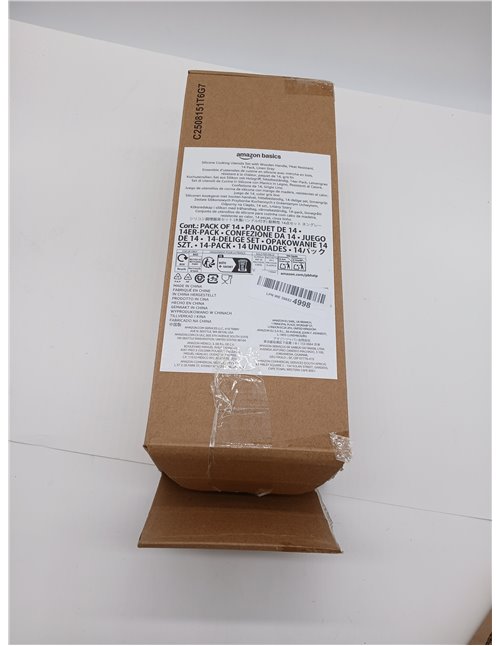 Amazon Basics Juego de Utensilios de Cocina de Silicona con Asa de Madera, Juego de 14 Piezas, Libre de BPA, Incluye Soporte par