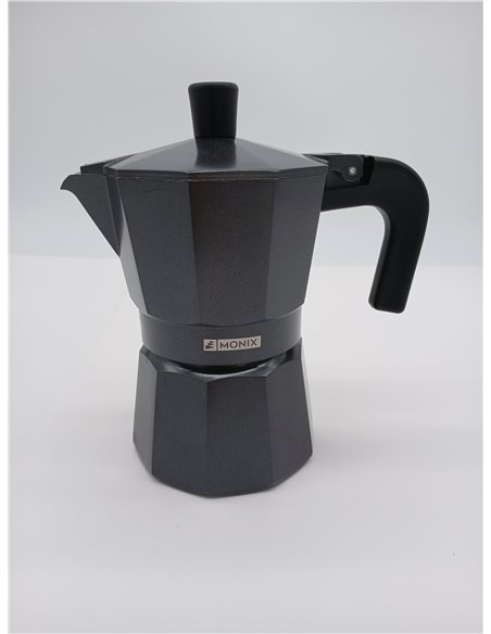 Monix Vitro Noir | Cafetera Italiana de Aluminio 3 Tazas, Apta para Vitrocerámica, Gas y Eléctrica, NO Apta para Inducción, Mang