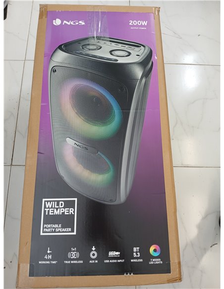 NGS Wild Temper - Altavoz Portátil Bluetooth 5.3, 200W TWS Luces LED RGB, USB/AUX IN, Doble Entrada Micrófono, Recargable de 7.4