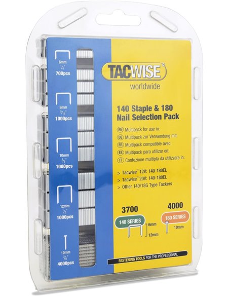 TACWISE 1627 Selección de Grapas Tipo 140 en Varios Tamaños y Clavos Tipo 180 (18G)/10 mm, Galvanizado