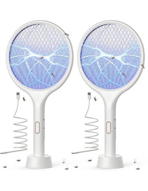 YISSVIC Raqueta Matamoscas Electrica 2 en 1 4000V Mata Mosquitos Electrico USB Recargable 1500mAh- Blanco