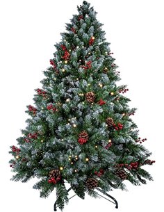 himaly Árbol de Navidad Pino Artificial 180cm, 720 Puntas, PVC Nieve Blanca Natural, Conos de Pino Real, Frutos Rojos, Soporte d