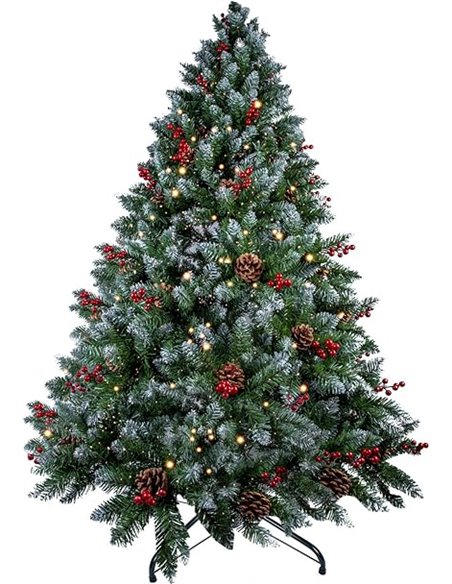 himaly Árbol de Navidad Pino Artificial 180cm, 720 Puntas, PVC Nieve Blanca Natural, Conos de Pino Real, Frutos Rojos, Soporte d