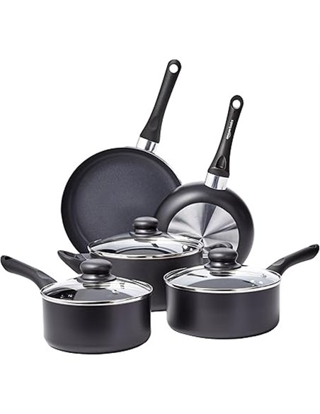 Amazon Basics Nonstick Cookware Set, 8 Piece (5 Pots + 3 Lids), Black