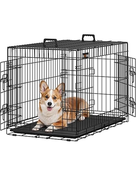 Feandrea Jaula para Perros Plegable con 2 Puertas, Bandeja Extraíble, 92,5 x 57,5 x 64 cm, L, Negro PPD36H