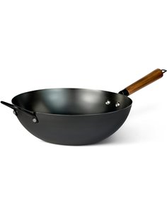 Amazon Basics Wok de Acero al Carbono Presazonado con Asa de Madera de Acacia, Compatible con Todo Tipo de Fuegos, 32,0cm