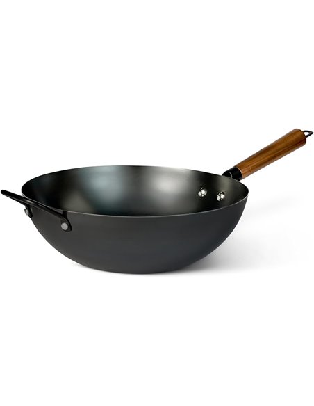 Amazon Basics Wok de Acero al Carbono Presazonado con Asa de Madera de Acacia, Compatible con Todo Tipo de Fuegos, 32,0cm