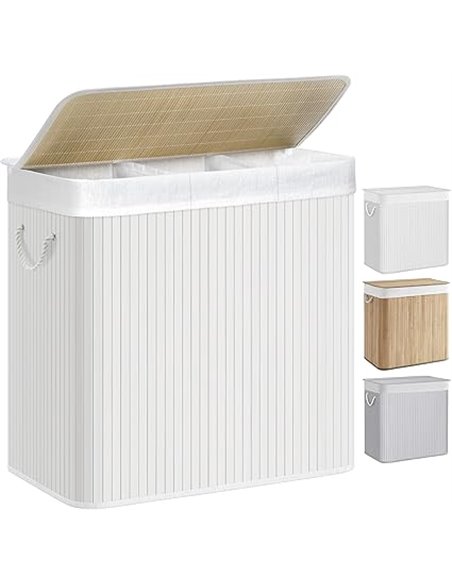 SONGMICS Cesto Ropa Sucia, 150 L, Cesta Ropa Sucia 3 Clasificaciones, con Tapa, Bambú, con Asas, Plegable, Bolsa Interior Extraí
