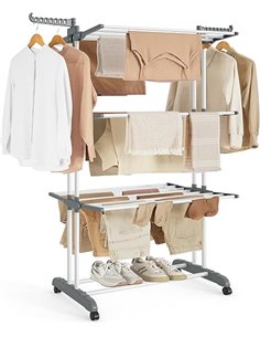 SONGMICS Tendedero, Plegable de 4 Niveles, Móvil, con Ruedas, Alas Plegables, 63,5 x 128 x 173 cm, Gran Capacidad, Montaje Fácil