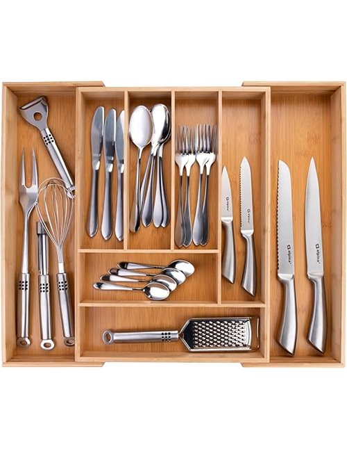 alpina Organizador Cajones - Cubertos para Cajon Cocina Extensible 46x34-56,5x6 cm - Caja Organizadora para Utensilios hasta 8 C