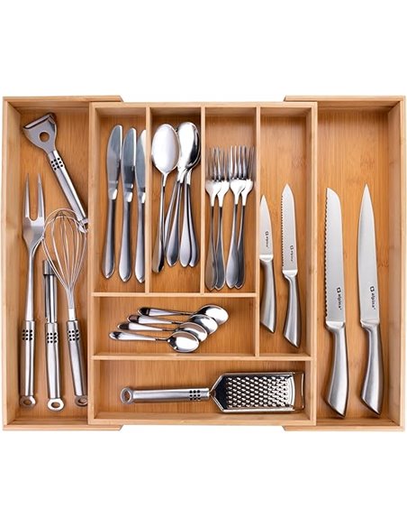 alpina Organizador Cajones - Cubertos para Cajon Cocina Extensible 46x34-56,5x6 cm - Caja Organizadora para Utensilios hasta 8 C
