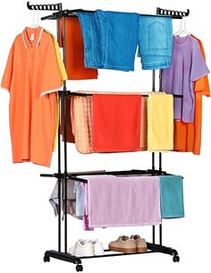 NK Tendedero Vertical Plegable con 4 Niveles - 6 Bandejas Retráctiles + 2 Alas Laterales con Soporte Perchas + Zapatero, Ruedas 
