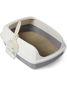 Amazon Basics Arenero para Gatos, Alto y Abierto, Fácil de Limpiar, Incluye Recogedor, Blanco/Gris, 50,5 x 38 x 20 cm