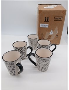 H&H Vhera, Juego de 6 Tazas Mug, Stoneware, Color Crema y Negr, 350 CC. 2