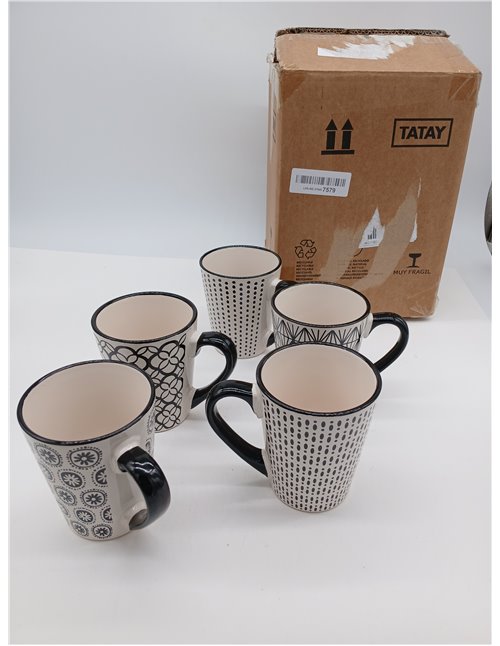 H&H Vhera, Juego de 5 Tazas Mug, Stoneware, Color Crema y Negr, 350 CC.
