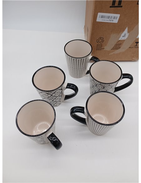 H&H Vhera, Juego de 5 Tazas Mug, Stoneware, Color Crema y Negr, 350 CC.