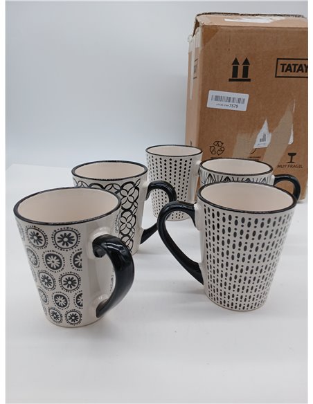 H&H Vhera, Juego de 5 Tazas Mug, Stoneware, Color Crema y Negr, 350 CC.