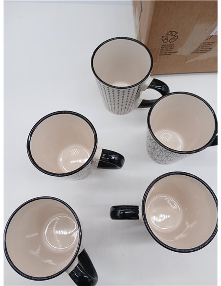 H&H Vhera, Juego de 5 Tazas Mug, Stoneware, Color Crema y Negr, 350 CC.