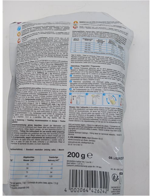 GimCat Kitten Milk Sustituto de la Leche Materna - Leche de Gato con taurina y Calcio - 1 Bolsa (1 x 200 g)