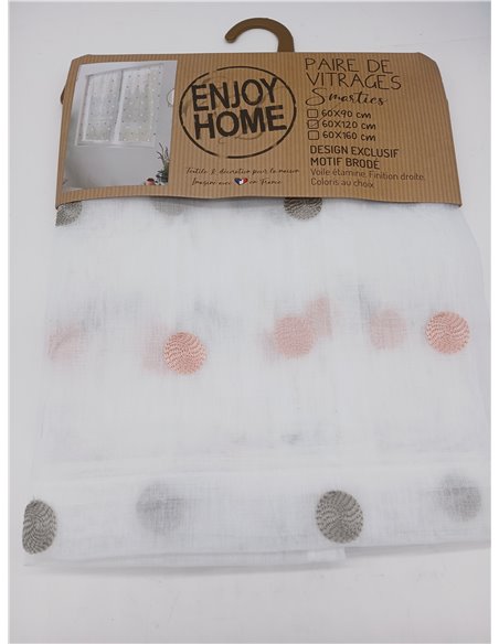 Enjoy Home – Par de acristalamientos Smarties – Diseño Bordado – 100% poliéster – 60 x 120 cm – Color Gris/Rosa