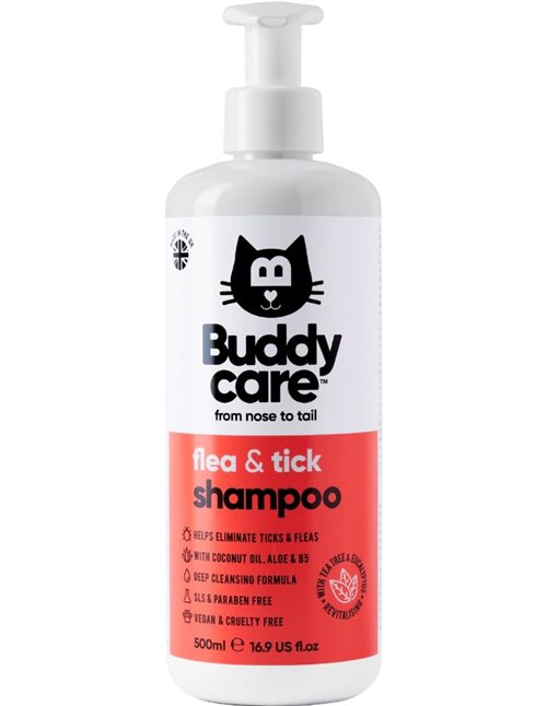 Buddycare Champú para Gatos contra pulgas y garrapatas - Elimina pulgas, garrapatas y ácaros - Champú de Limpieza Profunda para 