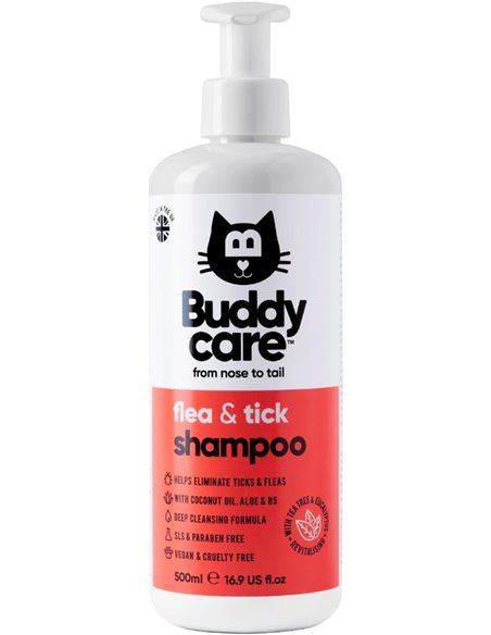 Buddycare Champú para Gatos contra pulgas y garrapatas - Elimina pulgas, garrapatas y ácaros - Champú de Limpieza Profunda para 