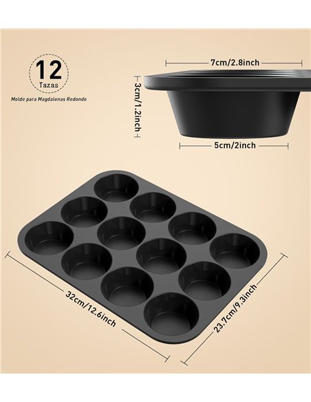 Ankway Molde Magdalenas para 12 Magdalenas, Bandejas para Hornear Muffin con marco de metal para Muffins, Cupcake, Brownie, Pudí