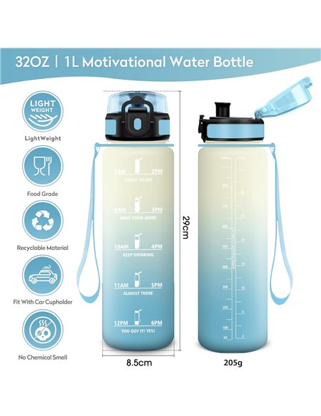 Botella Agua 1L, Botella con Filtro Reutilizable, Botella Agua con Marcador de Tiempo, Botella Motivacional sin BPA, Cantimplora