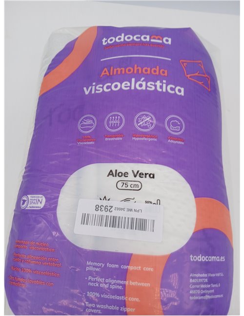 Todocama - Memory foam pillow, 75 cm compact core. Double cover with zip. Aloe Vera fabric. Thermoregulating adaptability to the