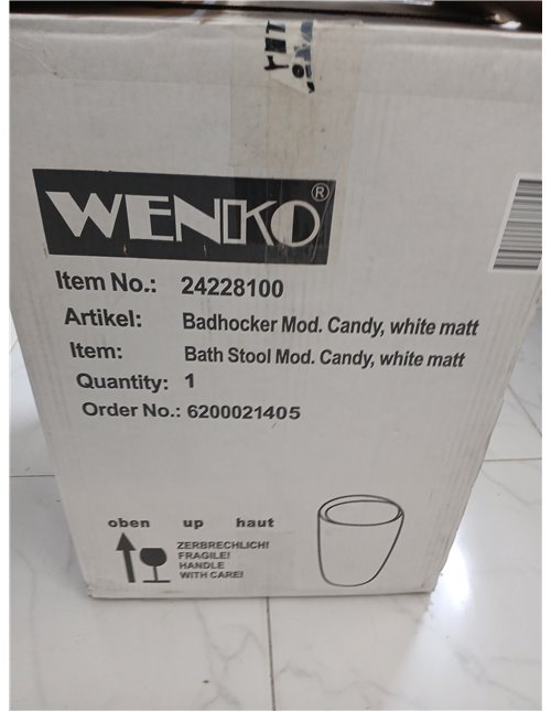 WENKO Taburete Candy blanco mate - Taburete de baño, con bolsa de lavandería extraíble, Plástico (ABS), 36 x 50.5 x 36 cm, Blanc