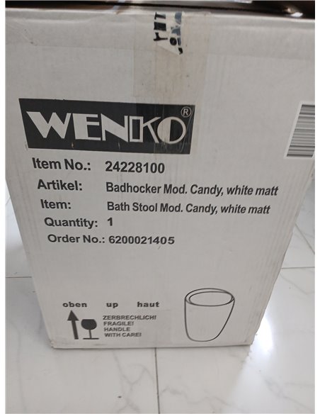 WENKO Taburete Candy blanco mate - Taburete de baño, con bolsa de lavandería extraíble, Plástico (ABS), 36 x 50.5 x 36 cm, Blanc