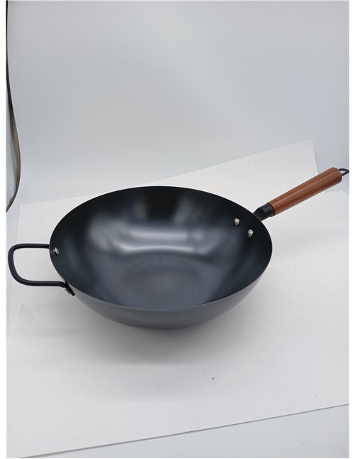 Amazon Basics Wok de Acero al Carbono Presazonado con Asa de Madera de Acacia, Compatible con Todo Tipo de Fuegos, 32,0cm