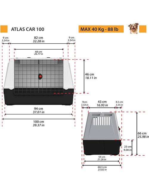 Ferplast Transportín Perro Coche, Atlas Car 100, Puerta Corredera Doble con Cerradura de Seguridad, Alfombrilla de Drenaje inclu