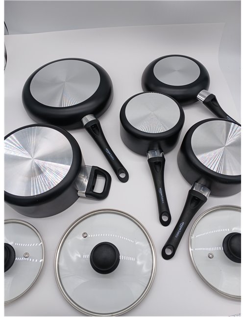 Amazon Basics Juego de Utensilios de Cocina de Inducción Antiadherente - 6 Piezas, con Tapas, Negro