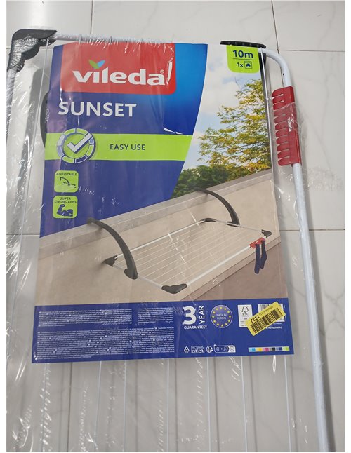 Vileda Sunset Tendedero de balcón de Acero y Resina, 10 Metros de Espacio de tendido, Compacto y Robusto, Soporte para artículos