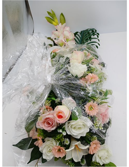 DRW Centre of Artificial Flowers Cemetery, Saints, Anniversaries Lengthened Salmon and White Tones 120 cm L x 50 cm W x 30 cm H